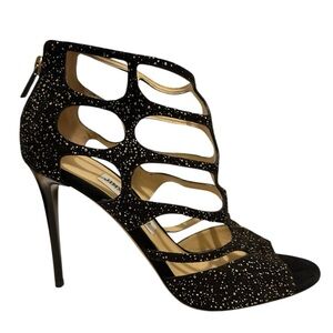 JIMMY CHOO Black & Gold Glitter Ren Cage Strappy Stiletto Sandal